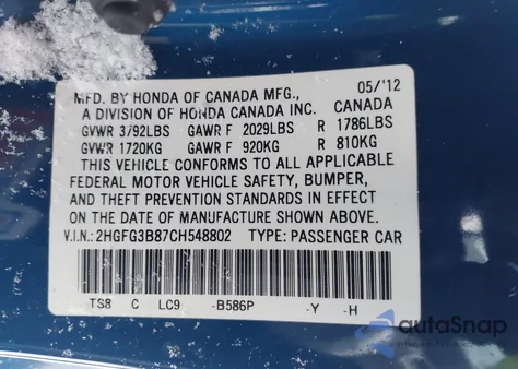 2012 Honda Civic Ex from USA, damaged, VIN 2HGFG3B87CH548802